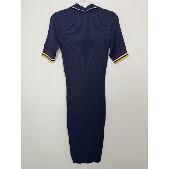 Parker Dress Navy Ribbed Knit Polo Collar Surplice Stripe Trim M - Picture 4 of 9